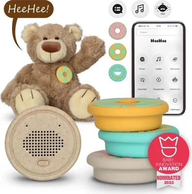 A product shot featuring a teddy bear, a smart device, and colorful rings, along with a smartphone displaying an app interface.