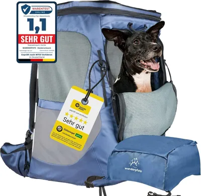 A blue dog backpack with a dog inside, and several review tags attached.