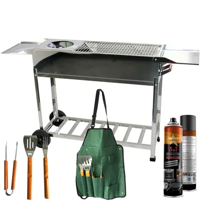 Produktbild von Familien Mangal Grill mit Rollen – Edelstahl Holzkohlegrill, 3 Grillroste & Kasan Halter – großer Schaschlik Grillwagen