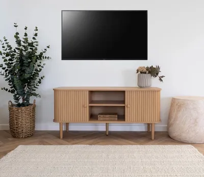 Immagine prodotto di Mobile basso >Nikko< con 2 ante a lamelle, 2 ripiani, color rovere - 113x51,5x40 (LxAxP)