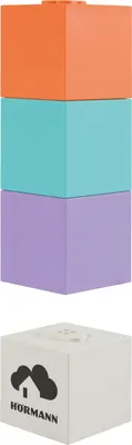 A stack of three colored blocks and a white cube with a logo.