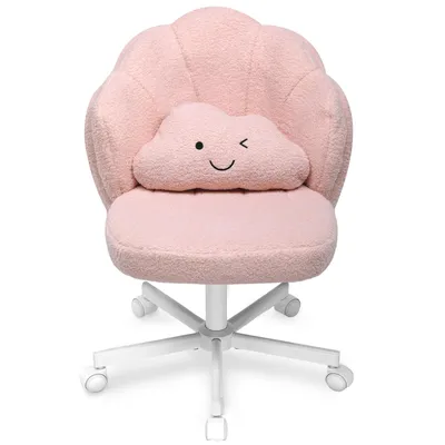Immagine prodotto di COMHOMA Sedia da ufficio, sedia da trucco con rotelle, doppio schienale e cuscino a forma di nuvola, sedia girevole regolabile in altezza, tessuto Teddy, ROSA