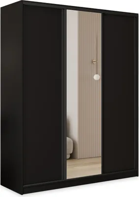 Produktbild von Masseno Schiebetürenschrank TARI 150/205/58 cm Kleiderschrank mit 4 Schubladen Schlafzimmer Schrank 3-türig mit Spiegel Schwarz