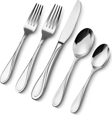 A set of stainless steel cutlery, including forks, a knife, and spoons, arranged on a white background.