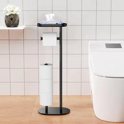 Zdjęcie produktu dla Stojący uchwyt na papier toaletowy, czarny, z półką