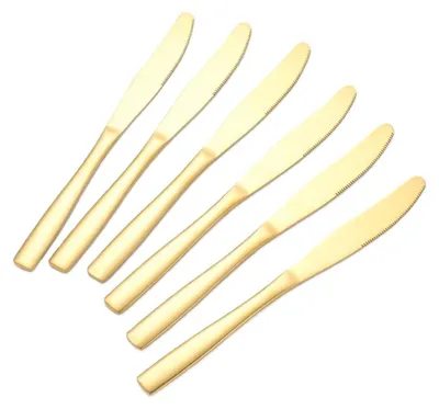 A set of six golden knives arranged diagonally on a white background.