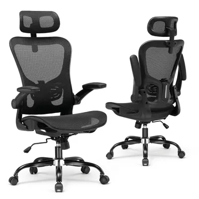 Two black ergonomic office chairs are shown from different angles against a white background.