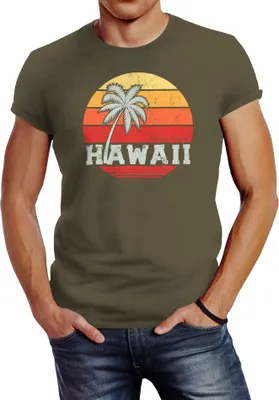 Produktbild von Herren T-Shirt Hawaii Palme Tropical Summer Retro Slim Fit Baumwolle Neverless® army XXL