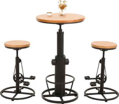 Produktbild von Set Bartisch + 2x Barhocker MCW-N20, Barstuhl Stehtisch höhenverstellbar drehbar Fußablage Industrial Holz  natur