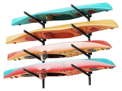 Immagine prodotto di Supporto da parete per kayak - Scaffale portaoggetti per 4 kayak, canoe, tavole da surf e SUP/paddleboard - Portata 136 kg - Regolabile - Per garage e pontili - Salvaspazio