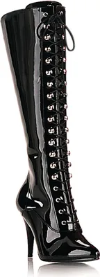 A single black patent leather boot with laces and a high heel, shown from the side against a white background.