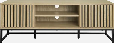 A TV stand with slatted doors and black metal legs, shown against a white background.