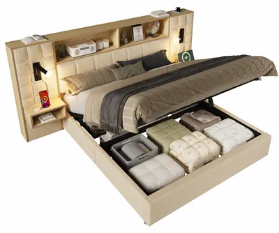 Immagine prodotto di Letto imbottito 160x200 con spazio contenitore, struttura letto beige, illuminazione LED e 2 lampade da lettura, 2 comodini integrati, porta di ricarica USB Type-C, rivestito in lino, include rete a doghe, senza materasso, colore beige