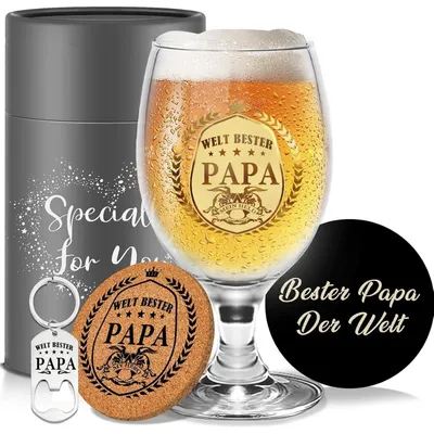 Produktbild von Bierkrug Set mit Gravur PAPA, Untersetzer, Flaschenöffner, Grußkarte, Geschenkbox