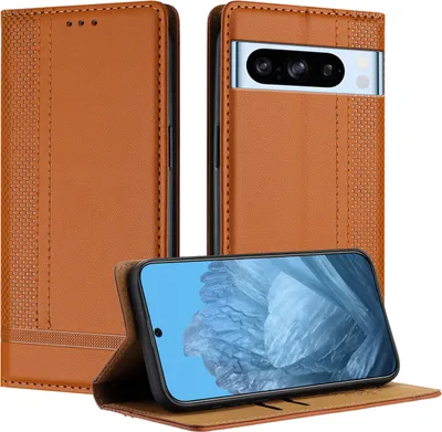 Image de Housse en cuir pour Google Pixel 8 Pro Housse à rabat avec support Marron