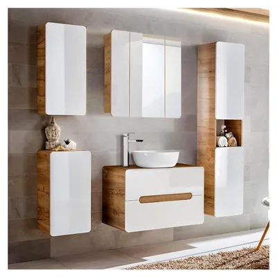 Produktbild von Badmöbel Set mit 80 cm Waschtisch und Spiegelschrank in Hochglanz Weiß mit Wotan Eiche Nb., B/H/T ca. 180/200/46 cm