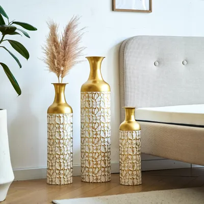 Produktbild von okwish 3-teiliges Metallvasen Standvasen-Set Blumenvase Dekovase,Hohe Übertöpfe für Pflanzen,Pampas-Zweig, Vintage Deko für Zuhause,Goldton