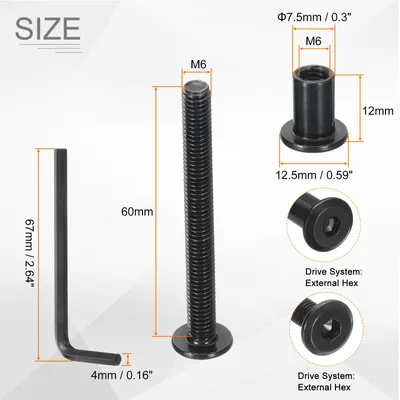 Produktbild von 10 Stš¹ck M6x60mm Schrauben Set und M6x12mm Innensechskant Muttern mit Sechskantschlš¹ssel, Maschinenschrauben Gewindemaschinen Sortiment M?bel Senkkopf M?belverbinder, Schwarz