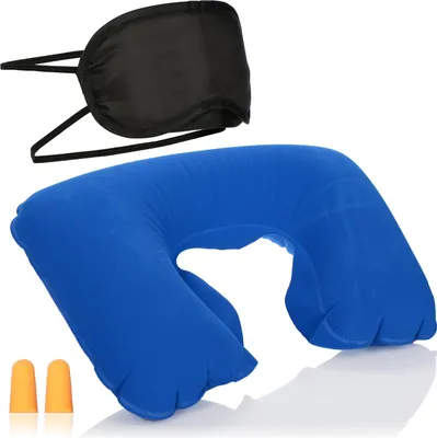 Produktbild von com-four® 3-teiliges Reise-Set - aufblasbares Nackenkissen, Augenmaske und Ohrstöpsel - Reisezubehör für Flugzeug, Auto, Bus und Bahn