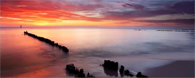 Produktbild von Wallario Poster - Sandstrand im Sonnenuntergang - Roter Himmel, Kunstdruck Größe: 50 x 125 cm