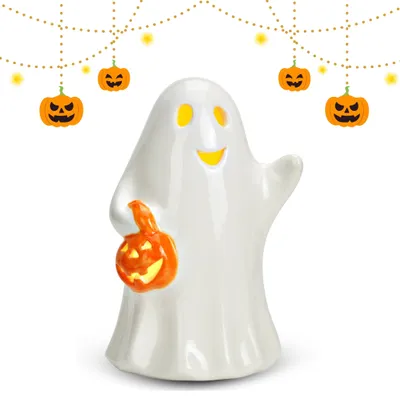 Produktbild von Keramik Geist mit LED & Kürbis, Weiß, Halloween Deko, 14 cm