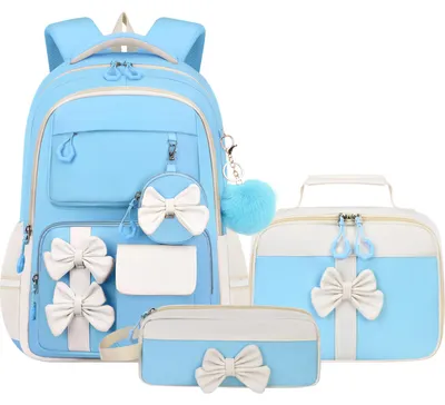 Productafbeelding van Set van 3 schooltassen, bestaande uit: een grote rugzak, een laptopvak, een lunchbox en een schoolrugzak, geschikt voor kinderen, meisjes en jongens, in blauw en wit
