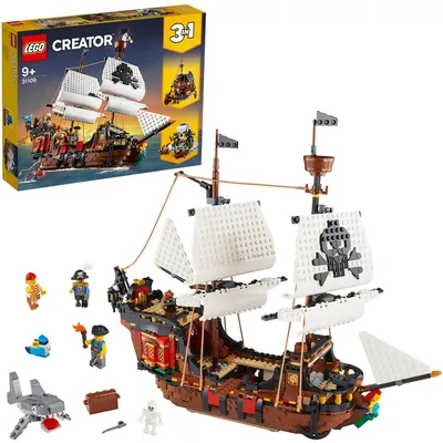 Produktbild von LEGO Creator 3-in-1 Piratenschiff Set, Spielzeug mit 3 Baumöglichkeiten, Baue in Piraten-Taverne oder Pirateninsel mit Totenkopf um, inklusive 3 Minifiguren für Rollenspiel-Abenteuer 31109