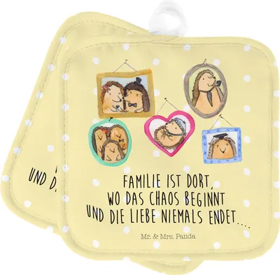 Produktbild von Mr. & Mrs. Panda Topfuntersetzer Igel Familie - Gelb Pastell - Geschenk, Glück, Topflappen, Bruder, Kochlappen, Papa, Topflappenset, Muttertag, topfhalter, Set, Bilder