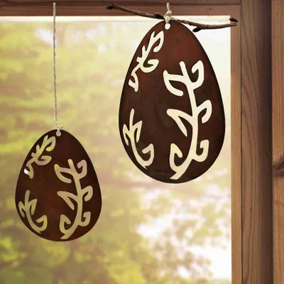 Image de Œufs de Pâques sur rouille noble à suspendre | motif vrille | set de 2 œufs à suspendre