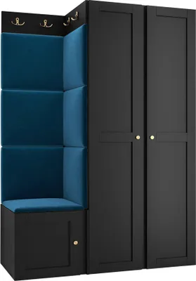 Produktbild von MIRJAN24 Garderoben-Set Orion Ramiro XXIII, Kleiderschrank, Schuhschrank, Kleiderhakenbrett, 7x Paneel 42x42, 8 Kleiderhaken, Metallgriffe (Farbe: Schwarz, Manila 26)