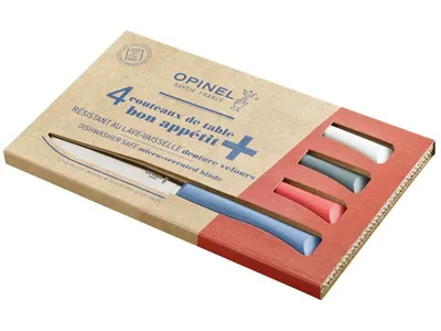Immagine prodotto di Coltello da tavola Opinel Bon Appetit+, 4 pezzi, acciaio Sandvik 12C27, microseghettatura, manico in polimero grigio chiaro, blu, rosso, antracite