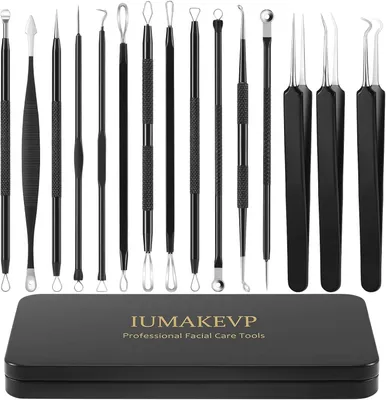Imagen del producto de Kit de 15 piezas para eliminar puntos s, fabricado en acero inoxidable, con diferentes herramientas para el cuidado de la piel