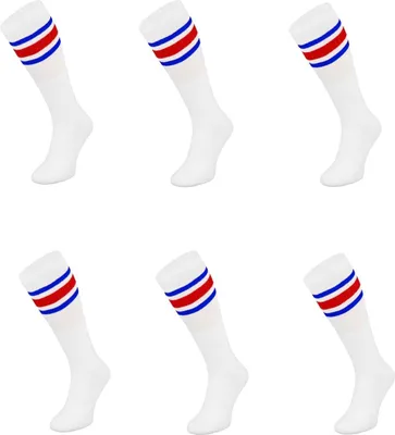 Produktbild von (6 Paar) Sportsocken in Weiß 60 cm Basketsocken, Blau-Rot gestreift Wadenlänge OneSize