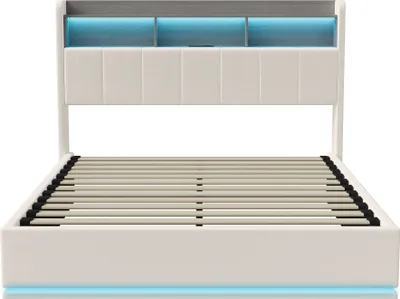 Produktbild von Fortuna Lai Polsterbett 140x200cm mit USB, Jugendbett Doppelbett mit Lattenrost und Stauraum, Stauraumbett mit LED, Samt, Beige