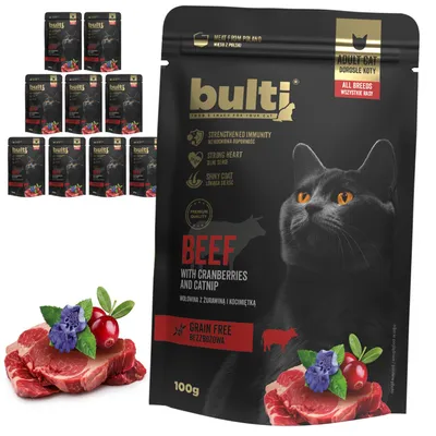 Obrázok produktu pre BULTI | Krmivo pre mačky s hovädzím mäsom, brusnicami a mačacou mätou – súprava mokrého krmiva, 10 vrecúšok po 100 g – bezobilné krmivo pre mačky
