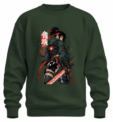 Image de Pull à capuche style cyberpunk, motif katana, inspiré de l'anime et du manga japonais, style années 2000, en techwear, couleur vert bouteille, taille XL
