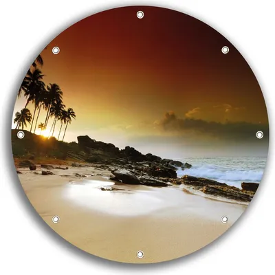 Produktbild von Wallario rundes Outdoor-Poster für Garten oder Balkon, Motiv Sri Lanka - Palmenstrand mit Sonnenuntergang, 30 cm Durchmesser