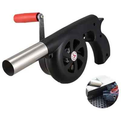 A manual hand-crank air blower for starting fires, shown against a white background.