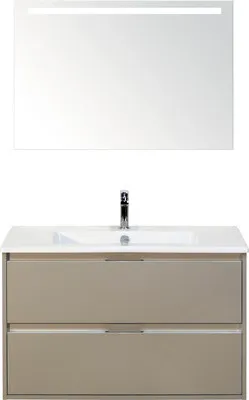 Produktbild von Sanox Badmöbel-Set Porto BxHxT 91 x 170 x 51 cm Frontfarbe kieselgrau mit Waschtisch Keramik weiß, Spiegel mit LED-Beleu