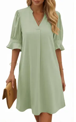 Immagine prodotto di Abito estivo da donna, taglia XL, maniche corte, scollo a V, taglio midi a trapezio, color verde chiaro, ideale per il tempo libero
