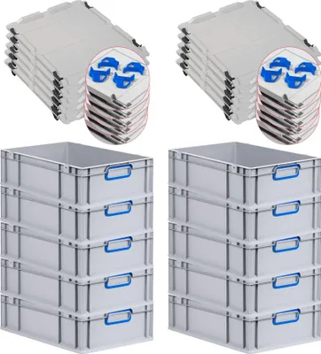 Produktbild von SparSet 10x Eurobox NextGen Color mit Auflagedeckel und Schiebeschnappverschlüsse | HxBxT 17x40x60cm | 34 Liter | Grau | Griffe blau geschlossen | Glatter Boden | Eurobehälter, Transportbox, Transportbehälter, Stapelbehälter