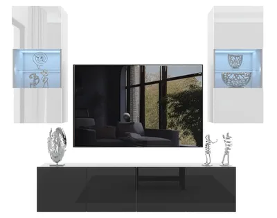 Immagine prodotto di Combo da soggiorno BELINI MILANO 7 - 200 cm - Bianco/Nero lucido, set di mobili da soggiorno moderni, mobile TV a parete con sistema senza maniglie