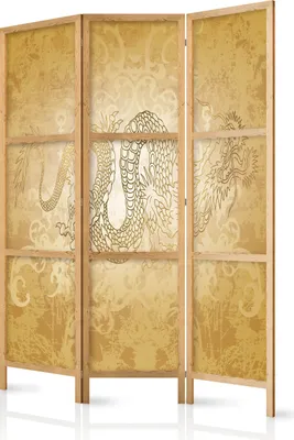 A three-panel folding screen with a dragon motif, presented against a white background.