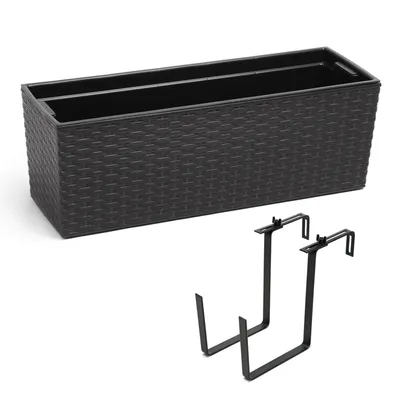 Produktbild von Balkonkasten Pflanzkasten Blumenkasten Wasserspeicher Rattan Schwarz Kunststoff Geländerkasten flexible Metallhalterung pulverbeschichtet 56 x 18,5 x 19,5 cm