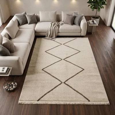 Produktbild von Kurzflor Teppich Creme Braun mit geometrischem Rautenmuster und Fransen Größe - 120 x 170 cm
