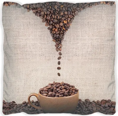 Produktbild von Wallario Premium Kissen, weiche Oberfläche, mit Motiv Tasse mit Kaffeebohnen - Kaffeedesign, Größe: 40 x 40 cm, mit weißer Rückseite