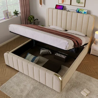Image de MODFU Lit coffre 160x200 cm - Lit double hydraulique avec tête de lit LED et rangement - Lin - Sans Matelas - Beige