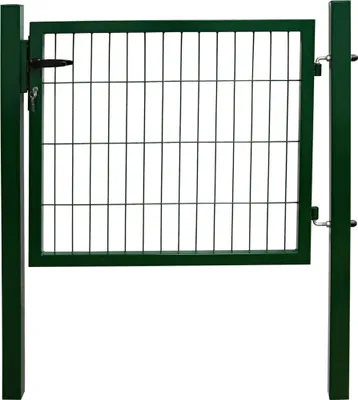 A green metal garden gate with a wire mesh infill, attached to a green post on the left and a separate green post on the right.