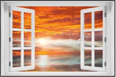 Produktbild von Wallario Wandbild mit Fenster-Illusion: Abendrot in Reflexion über dem See, Größe: 61 x 91,5 cm, Poster mit schwarzem Aluminiumrahmen