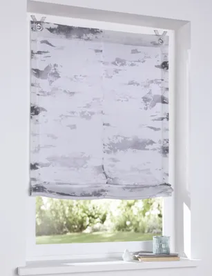 Produktbild von Raffrollo Ösenrollo Claude weiß, transparent, grau Bedruckt, Raffgardine ohne Bohren, Breite 45 x Höhe 140 cm